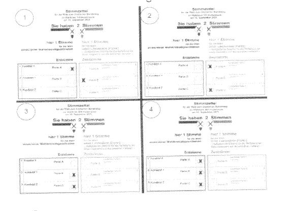 Abbildung zur Aufgabe 130. Welcher Stimmzettel wäre bei einer Bundestagswahl gültig? In Anlehnung an Bundeswahlordnung (BWO), Anlage 26